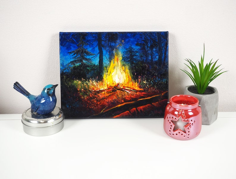 Campfire Painting Fire Oil on Canvas Hiker Gift Farmhouse Wall Decor Flame Oil Painting Canvas Wall Art Night Landscape
