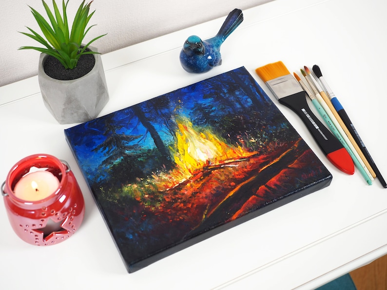 Campfire Painting Fire Oil on Canvas Hiker Gift Farmhouse Wall Decor Flame Oil Painting Canvas Wall Art Night Landscape
