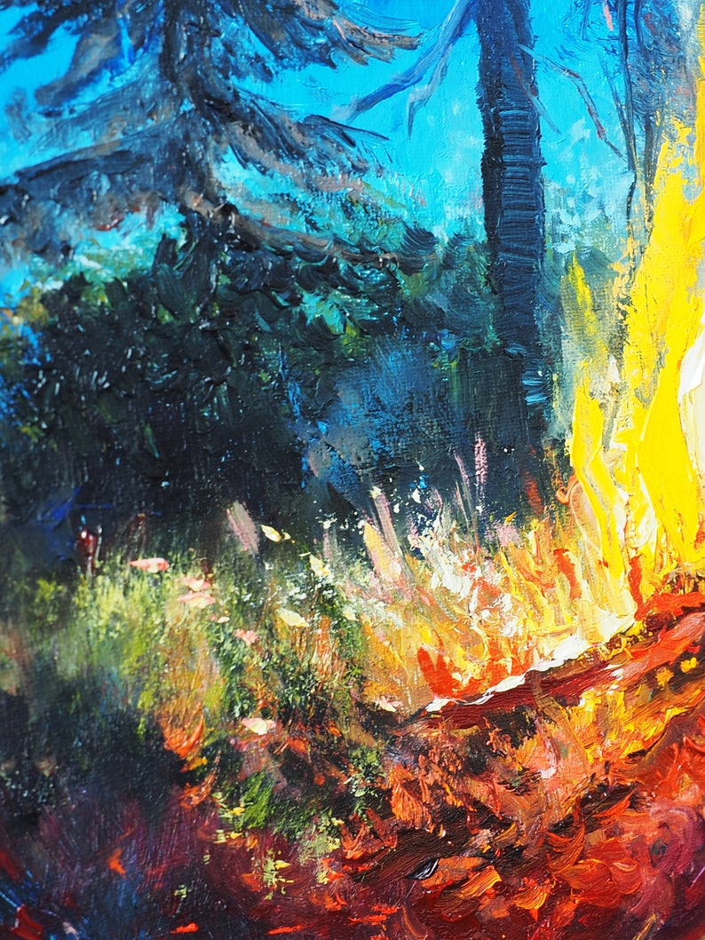Campfire Painting Fire Oil on Canvas Hiker Gift Farmhouse Wall Decor Flame Oil Painting Canvas Wall Art Night Landscape