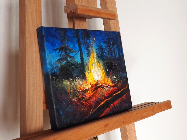 Campfire Painting Fire Oil on Canvas Hiker Gift Farmhouse Wall Decor Flame Oil Painting Canvas Wall Art Night Landscape