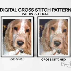 Könnte beinhalten: Digitales Kreuzstichmuster mit einem Hundeporträt. Das Bild zeigt das Originalfoto und die Kreuzstichversion. Der Text lautet "Digital Cross Stitch Pattern Within 72 Hours."