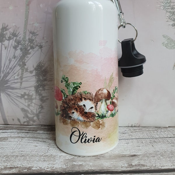 Personalised Hedgehog Aluminium water bottle 600ml, 400ml, 750ml or 500ml Thermos design watercolour