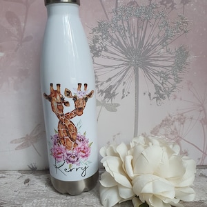 Personalised floral giraffe design stainless steel insulated water bottle 600ml, 400ml, 750ml or 500ml Thermos design watercolour