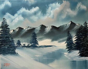 Original Oil Painting - Winter Landscape - Inspired by Bob Ross - Canvas - 16x20 - Wet on Wet