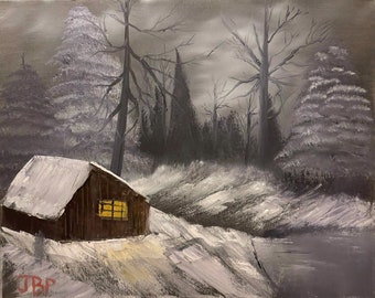 Original Oil Painting - Winter Landscape - Inspired by Bob Ross - Canvas - 16x20 - Wet on Wet