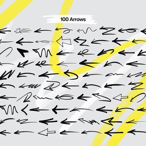 K&ouml;nnte beinhalten: Eine Sammlung von 100 handgezeichneten schwarzen Pfeilen auf grauem Hintergrund mit gelben Streifen. Die Pfeile zeigen in verschiedene Richtungen und haben verschiedene Stile.