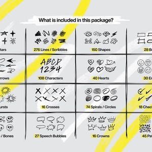 K&ouml;nnte beinhalten: Ein Diagramm mit Schwarzwei&szlig;-Illustrationen von Sternen, Linien, Formen, K&auml;stchen, Pfeilen, Zeichen, Herzen, Emojis, Ausbr&uuml;chen, Kreuzen, Spiralen, H&auml;kchen, Sch&auml;deln, Sprechblasen, Kronen und Mustern. Das Diagramm ist mit der Anzahl der einzelnen Illustrationstypen beschriftet, die im Paket enthalten sind.