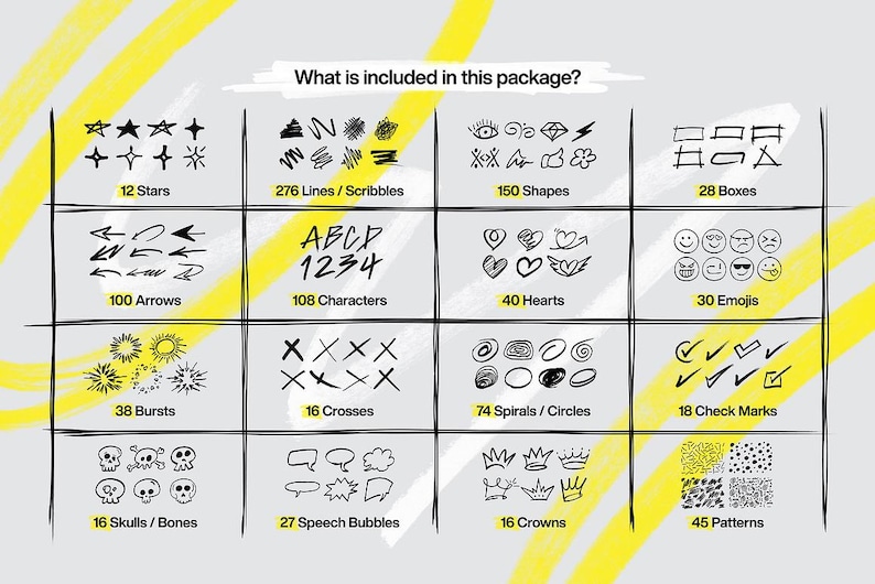 K&ouml;nnte beinhalten: Ein Diagramm mit Schwarzwei&szlig;-Illustrationen von Sternen, Linien, Formen, K&auml;stchen, Pfeilen, Zeichen, Herzen, Emojis, Ausbr&uuml;chen, Kreuzen, Spiralen, H&auml;kchen, Sch&auml;deln, Sprechblasen, Kronen und Mustern. Das Diagramm ist mit der Anzahl der einzelnen Illustrationstypen beschriftet, die im Paket enthalten sind.