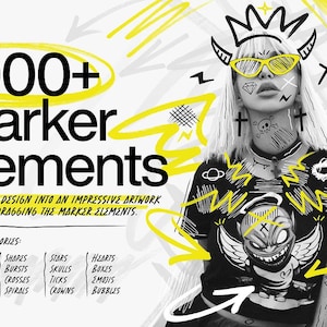 May include: A digital illustration of a woman with a crown and devil horns wearing a black and white shirt with a graphic print. The background is yellow and white with scribbles and doodles. The text "1,000+ Marker Elements" is in a black and white circle with a yellow outline. The text "TURN EVERY DESIGN INTO AN IMPRESSIVE ARTWORK BY SIMPLY DRAGGING THE MARKER ELEMENTS." is below the circle. The text "ELEMENT CATEGORIES:" is below the text. The text "ARROWS, SHAPES, STARS, HEARTS, SCRIBBLES, BURSTS, SKULLS, BOXES, CHARACTERS, CROSSES, TICKS, EMOJIS, PATTERNS, SPIRALS, CROWNS, BUBBLES" is in a table below the text.