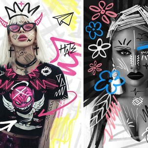 K&ouml;nnte beinhalten: Zwei Frauen mit schwarz-wei&szlig;em Make-up und grafischen Designs auf ihren Gesichtern. Die Frau links tr&auml;gt ein schwarzes Shirt mit einem pink-wei&szlig;en Motiv eines Teufels mit Engelsfl&uuml;geln. Auf dem Shirt stehen auch die Worte "LOVE" und "HATE". Die Frau rechts tr&auml;gt ein wei&szlig;es Shirt mit schwarz-wei&szlig;en grafischen Designs. Beide Frauen haben schwarzes Haar und tragen Ohrringe.