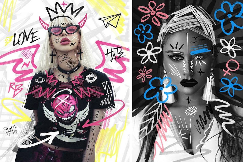 K&ouml;nnte beinhalten: Zwei Frauen mit schwarz-wei&szlig;em Make-up und grafischen Designs auf ihren Gesichtern. Die Frau links tr&auml;gt ein schwarzes Shirt mit einem pink-wei&szlig;en Motiv eines Teufels mit Engelsfl&uuml;geln. Auf dem Shirt stehen auch die Worte "LOVE" und "HATE". Die Frau rechts tr&auml;gt ein wei&szlig;es Shirt mit schwarz-wei&szlig;en grafischen Designs. Beide Frauen haben schwarzes Haar und tragen Ohrringe.