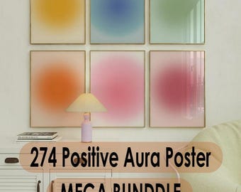 May include: Six framed abstract art prints with a gradient color design. The prints are arranged in two rows of three. The prints are in shades of yellow, blue, green, orange, pink, and purple. The text "274 Positive Aura Poster MEGA BUNDLE" is visible below the prints.