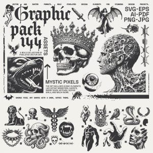 Paquete gráfico de píxeles místicos: 144 imágenes prediseñadas digitales (.Svg, .Eps, .Png y .Jpg) para manualidades, scrapbooking y recursos de diseño.