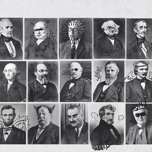 K&ouml;nnte beinhalten: Schwarzwei&szlig;-Fotocollage von 20 M&auml;nnergesichtern. Jedes Gesicht ist in einem Quadrat gerahmt und hat ein einzigartiges Design oder Symbol darauf gezeichnet. Die M&auml;nner tragen alle Anz&uuml;ge und Krawatten.