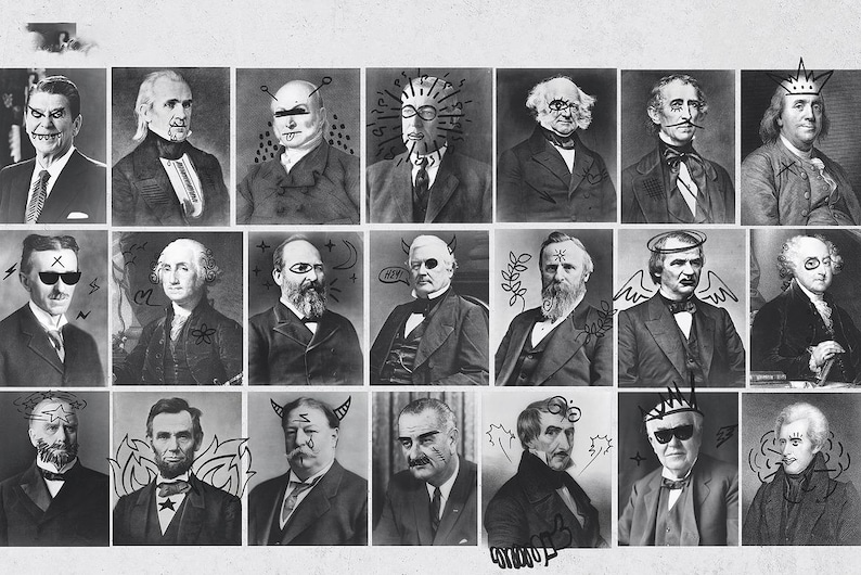 K&ouml;nnte beinhalten: Schwarzwei&szlig;-Fotocollage von 20 M&auml;nnergesichtern. Jedes Gesicht ist in einem Quadrat gerahmt und hat ein einzigartiges Design oder Symbol darauf gezeichnet. Die M&auml;nner tragen alle Anz&uuml;ge und Krawatten.