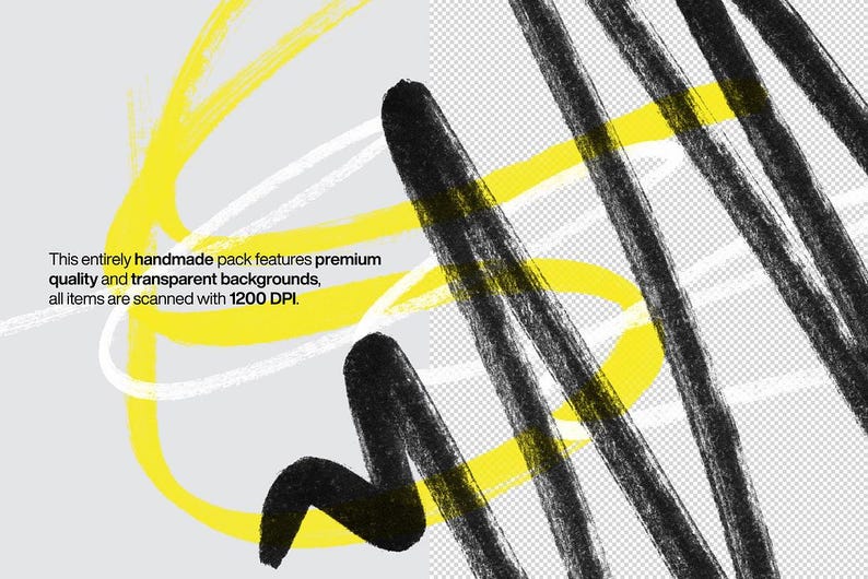 K&ouml;nnte beinhalten: Abstrakte digitale Kunst mit schwarzen und gelben Pinselstrichen auf wei&szlig;em Hintergrund. Der Text "This entirely handmade pack features premium quality and transparent backgrounds, all items are scanned with 1200 DPI." ist im Bild sichtbar.