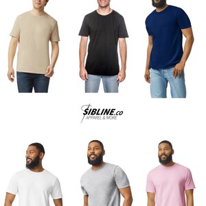 K&ouml;nnte beinhalten: Das Bild zeigt sechs T-Shirt-Optionen in verschiedenen Farben: Beige, Schwarz, Marineblau, Wei&szlig;, Grau und Rosa. Der Text oben lautet "T-SHIRT OPTIONS (UNISEX ADULT SIZING)". Das Markenlogo "sibline.co APPAREL & MORE" ist ebenfalls sichtbar.