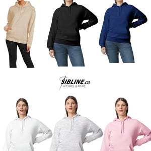 K&ouml;nnte beinhalten: Auswahl an Unisex-Hoodies f&uuml;r Erwachsene in verschiedenen Farben, darunter Beige, Schwarz, Marineblau, Wei&szlig;, Grau meliert und Rosa. Die Hoodies haben eine Kapuze und eine Vordertasche. Der Text "HOODIE OPTIONS (UNISEX ADULT SIZING)" ist oben zu sehen.