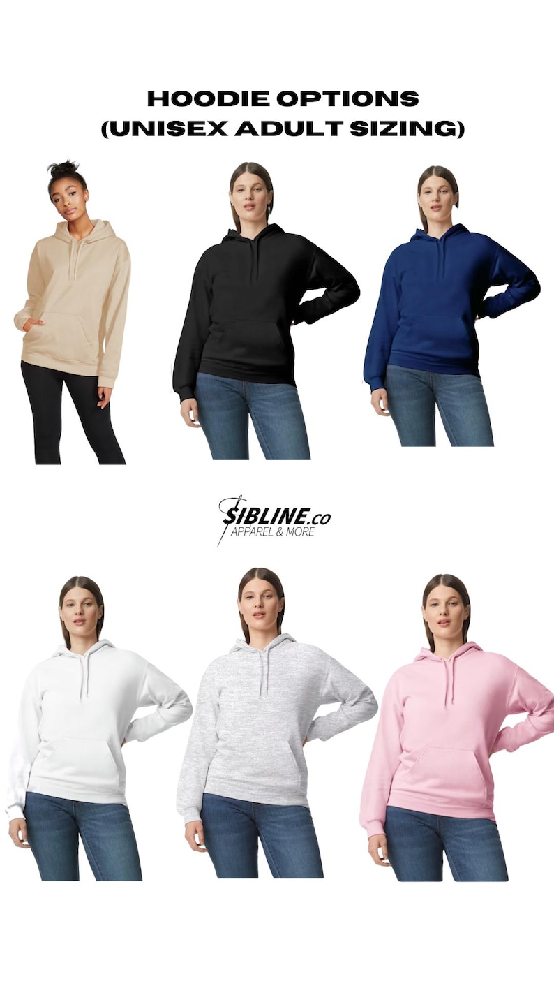 K&ouml;nnte beinhalten: Auswahl an Unisex-Hoodies f&uuml;r Erwachsene in verschiedenen Farben, darunter Beige, Schwarz, Marineblau, Wei&szlig;, Grau meliert und Rosa. Die Hoodies haben eine Kapuze und eine Vordertasche. Der Text "HOODIE OPTIONS (UNISEX ADULT SIZING)" ist oben zu sehen.
