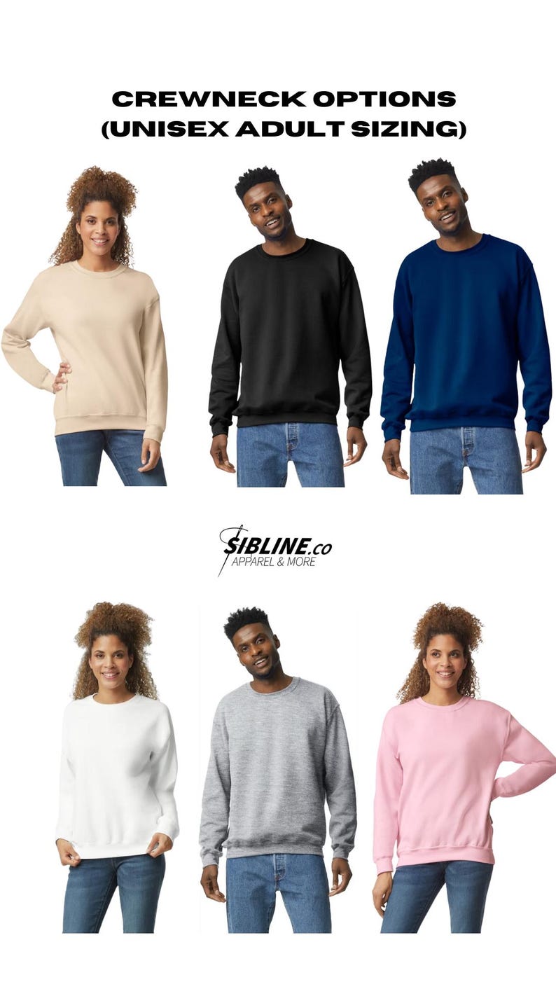 K&ouml;nnte beinhalten: Crewneck-Sweatshirts in sechs Farben: Beige, Schwarz, Marineblau, Wei&szlig;, Grau und Rosa. Das Bild zeigt die Sweatshirts an Models. Der Text oben lautet "CREWNECK OPTIONS (UNISEX ADULT SIZING)". Das Markenlogo ist ebenfalls sichtbar.