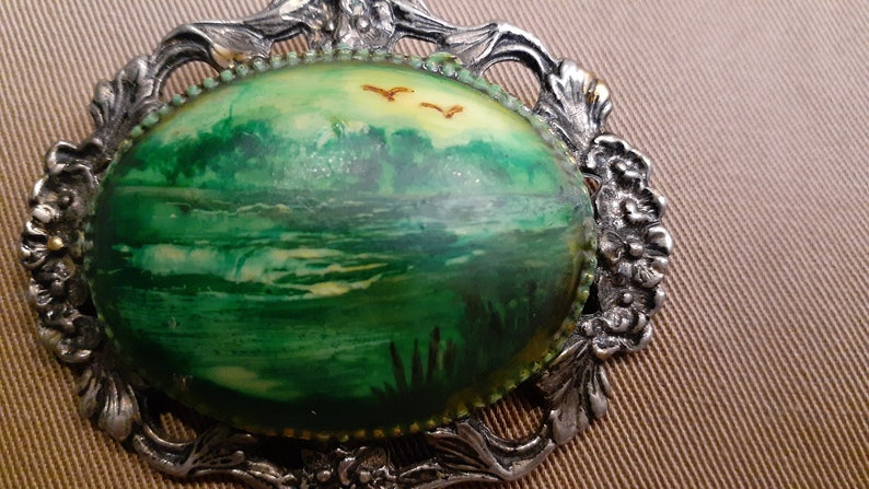 handpainted nature scene cabachon pin
