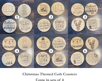 May include: Twelve round cork coasters with various Christmas-themed designs, including snowmen, reindeer, and Christmas trees. The coasters are 4 inches in diameter and come in sets of four.