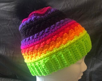 Neon Star Beanie - Crocheted - Tween or Teen - Ready-to-Ship