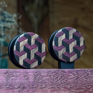 Wooden plugs 30mm, ebony wood, 3D pattern marquetry