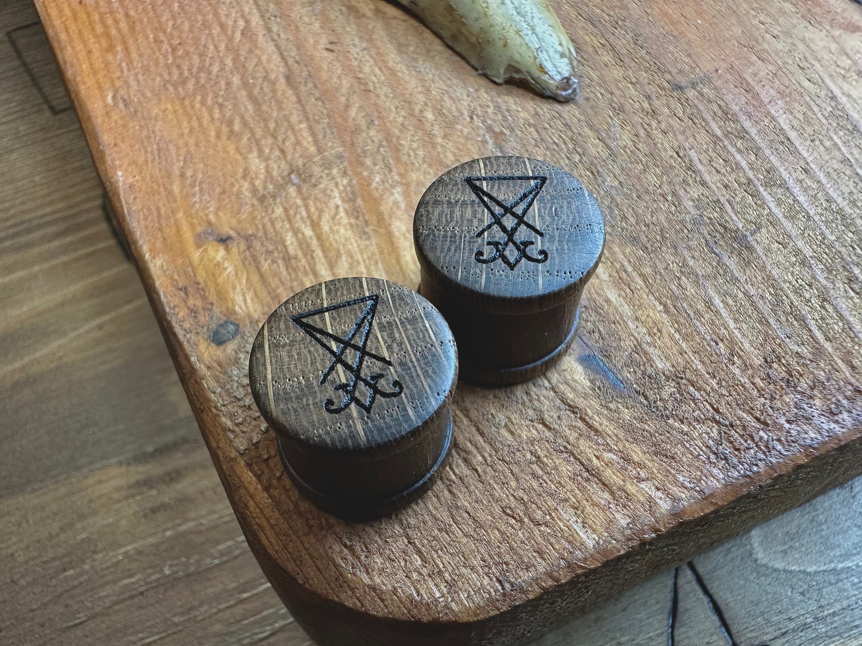 Woodburned plugs 14mm Lucifer sigil oak wood