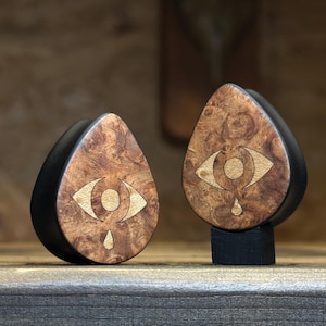 Wooden teardrops 30mm, ebony, amboina and maple wood, eye marquetry