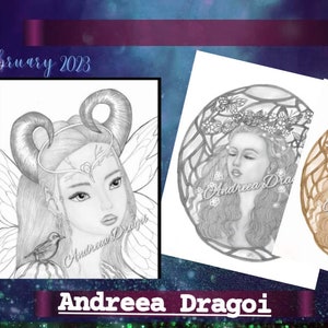 Può includere: Un disegno in bianco e nero di una fata con corna, ali e una corona di fiori. La fata sta guardando un piccolo uccello. Il disegno è su uno sfondo bianco. Il testo "February 2023" è in alto nell'immagine. Il testo "Andreea Dragoi" è in basso nell'immagine.