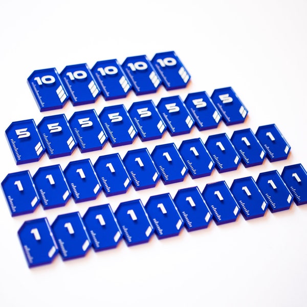 STRATA STRIKE | Set of 33 Blue Victory Tokens, (5) "10" Value, (8) "5" Value, (20) "1" Value | Race/Roll for the Galaxy