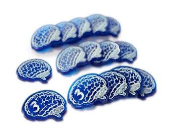 STRATA STRIKE |  Pack of 15 Sanity, Brain Acrylic Tokens | (5) "3" Value, (10) Single Value | Eldritch Horror, Arkham Horror, Elder Sign