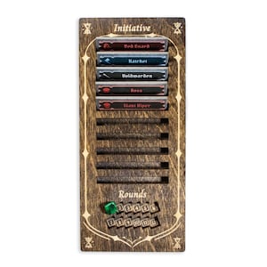 May include: Wooden game organizer with slots for cards and a space for dice. The organizer has the words "Initiative" and "Rounds" printed on it. The cards are labeled with names like "Red Guard" and "Giant Viper".