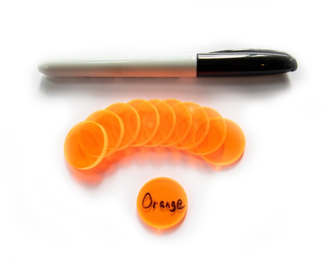 STRATA STRIKE | Pack of 10 - Dry Erase Acrylic Tokens, Counters, Reusable Disc - 1 Inch - Fluorescent Orange
