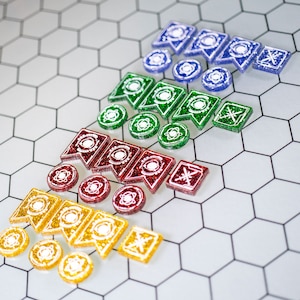 May include: Five rows of colorful game pieces with glitter. Each row has a different color: yellow, red, green, blue, and gray. Each piece has a white symbol and a white banner.