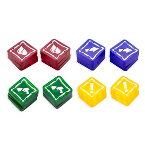 May include: Eight colorful game tokens with various symbols. Two red tokens feature a water droplet, two blue tokens have a lightning bolt, two green tokens show a gun, and two yellow tokens display an exclamation point.