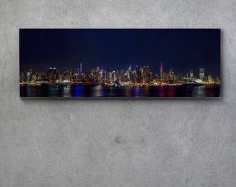 New York City Panorama Skyline NYC Night Skyline Manhattan Canvas Print Color or Black and White B&W 16x48