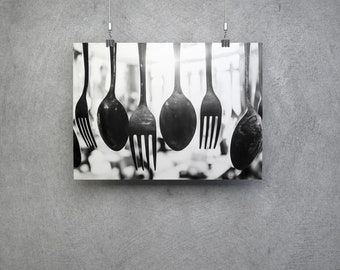 Horquillas y cucharas impresión de cocina en blanco y negro - Arte de pared