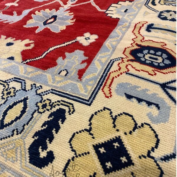 Handmade oushak rug red with ivery blue pattern for living room bedroom etc