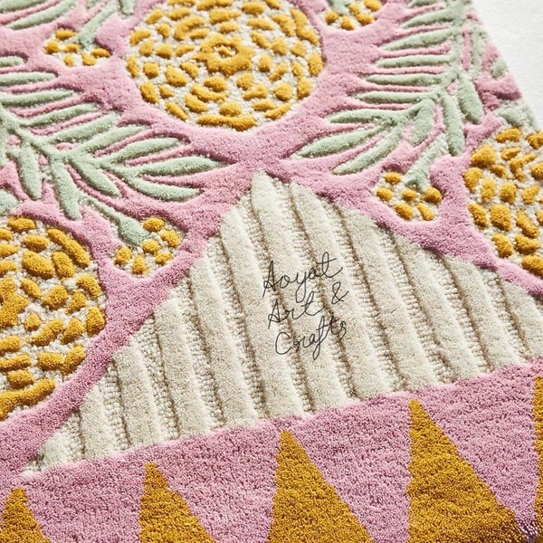 Floral rug Loop cut Hand-Tufted 100% Wool Handmade Area Rug for Home, Bedroom, Living Room, Kids Room,etc