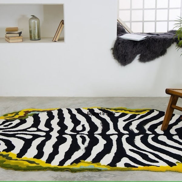 Zebra hide look In Grass Hand-Tufted 100% Wool Handmade Area Rug Carpet for Home, Bedroom, Living Room, Dining Room, Any Room, Kids Room