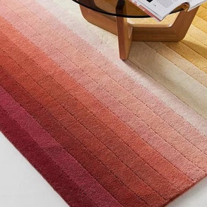 Strip rainbow color Modern Hand-Tufted 100% Wool Handmade Area Rugs For Bedroom Aesthetic, Minimalist Rug For Living Room