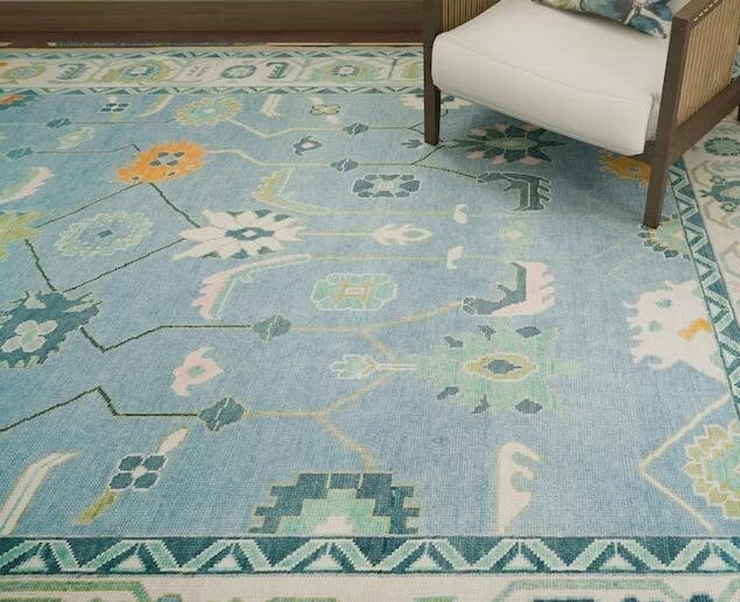 Turkish Blue Oushak Rug With Blue Border for Living Room Bedroom Home
