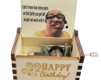 happy birthday custom wood music box - great gag gift - surprise inside - wood - funny - gag gifts - white elephant