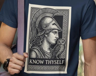 Athena Wisdom T-Shirt, Greek Mythology Etching Tee, Know Thyself Gift