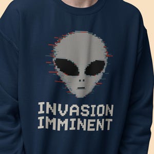 8Bit Grey Alien Sweater, UFO Invasion Imminent Crewneck, Sci-Fi Gift