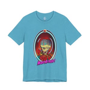 Mars Attacks Alien T-Shirt, Quirky Graphic Tee, Sci-Fi Art Shirt Heather Aqua