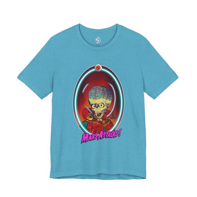 Mars Attacks Alien T-Shirt, Quirky Graphic Tee, Sci-Fi Art Shirt Heather Aqua