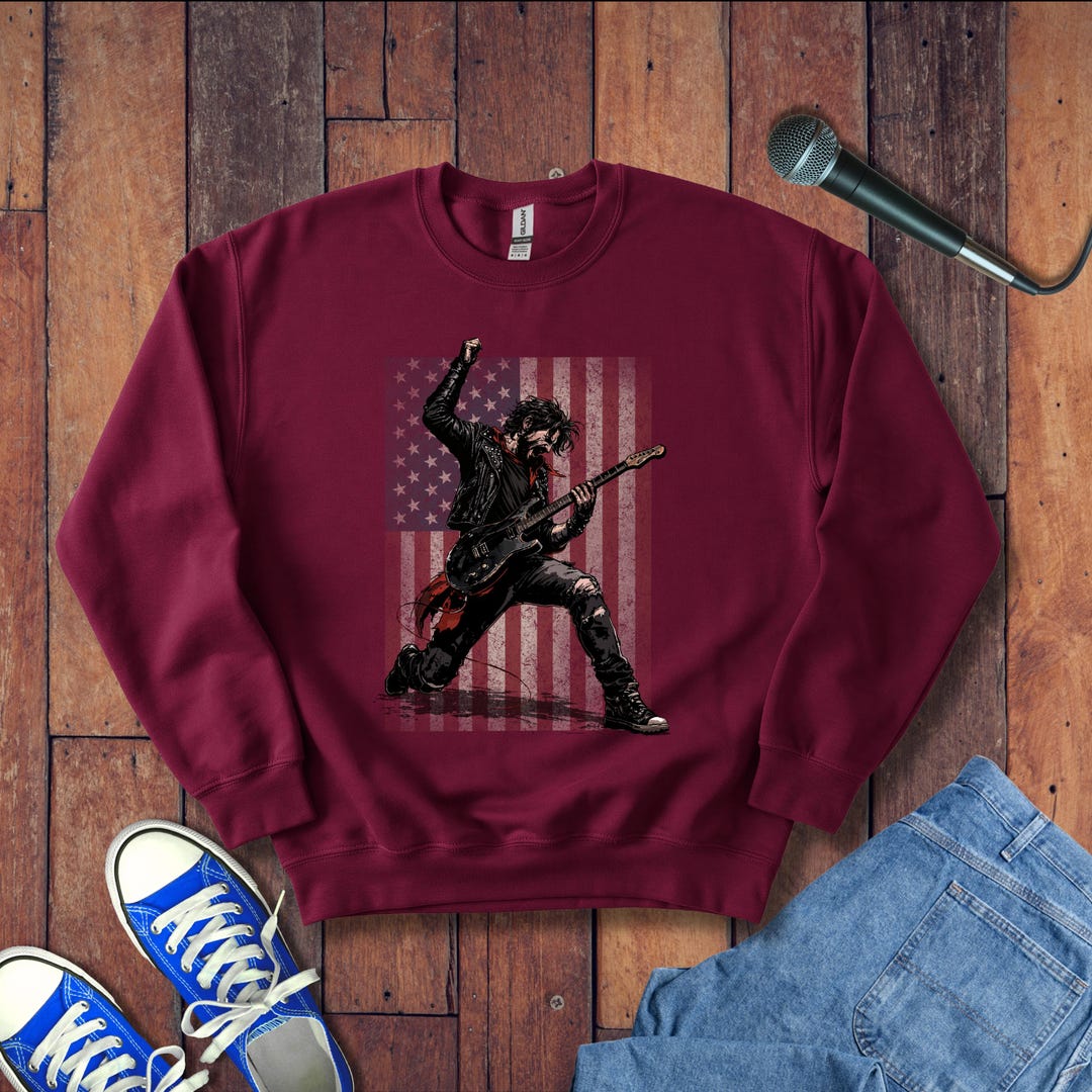 Rebel Rocker Style Rock Rebel Rocker - American Flag Punk Guitarist Crewneck Sweatshirt - Etsy